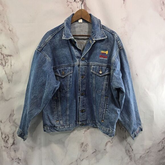 Vintage Denim Jacket Men Large 80s 90s RCA GE NBC TV Radio Medium Trucker Jean - Picture 1 of 12